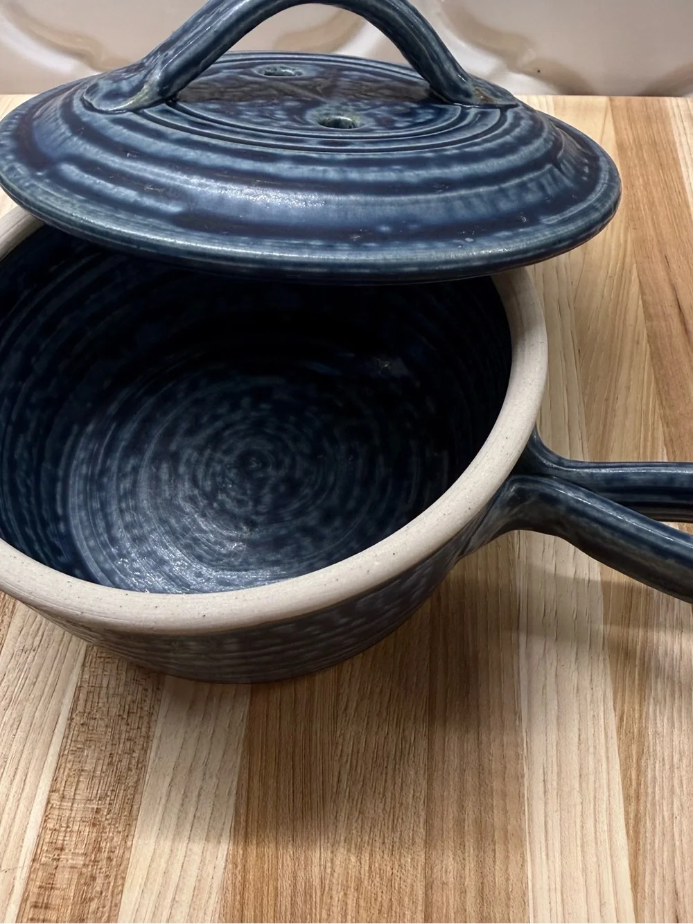 Signed Millner Studio Pottery Lidded Casserole Bean Pot Blue Drip Glaze